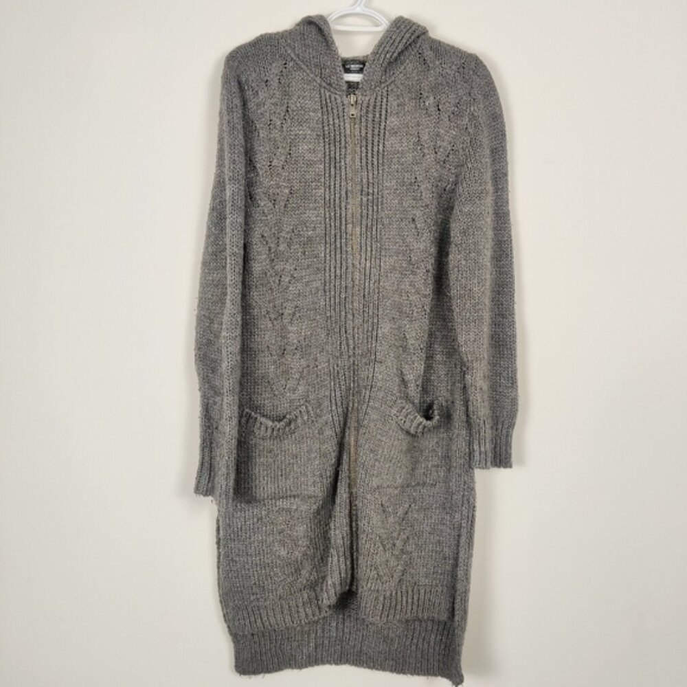 LC Waikiki Women's Gray Zip Up Hooded Tunic Cardigan Size Large Cable Knit